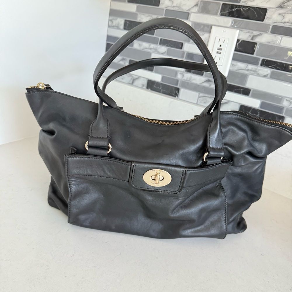 Kate Spade New York Black Leather Satchel Turn Lock Striped Lining Bag